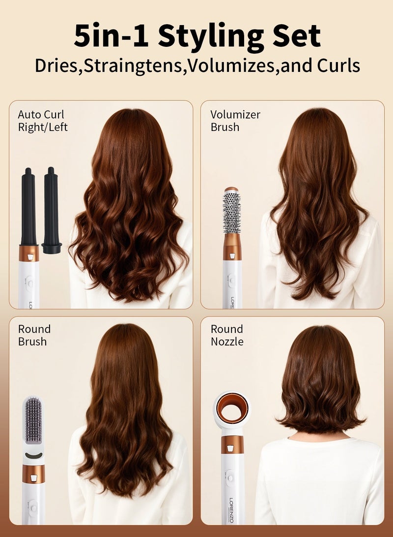 Lorenzo 5 In 1 Hair Dryer Brush Hot Comb Set 1000W Hot Air Hair Curler and Straightener Styling Tool Comb Curling Brush Suitable for Women Hair Types - White Gold - Image 2